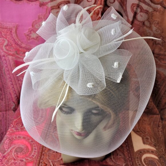 White Saucer Fascinator Mesh with White Rosette Saucer Hair Accessory - Picture 5 of 14